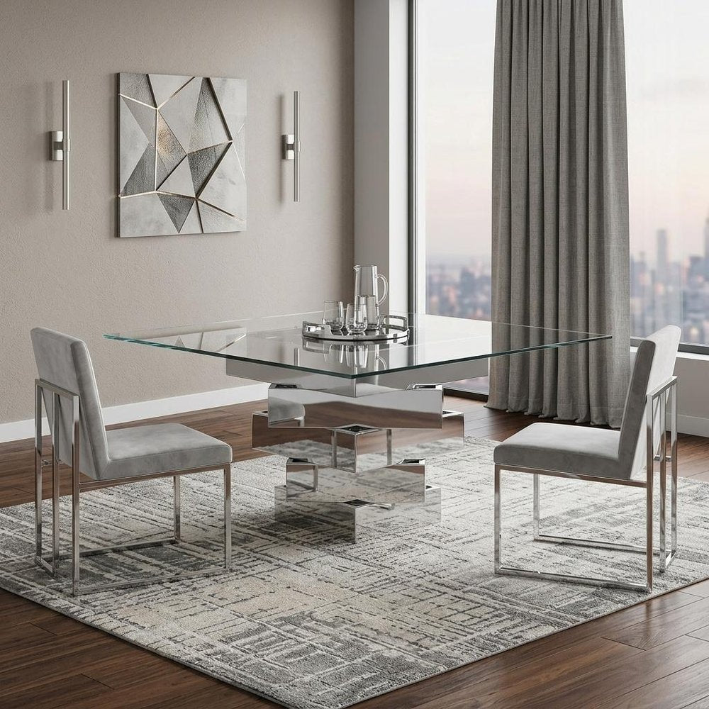 Clear and Gray Square Glass and Solid Wood Pedestal Base Dining Table - 59-inch