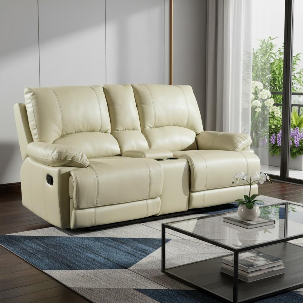 Beige Faux Leather Manual Reclining Love Seat with Storage - 76-inch