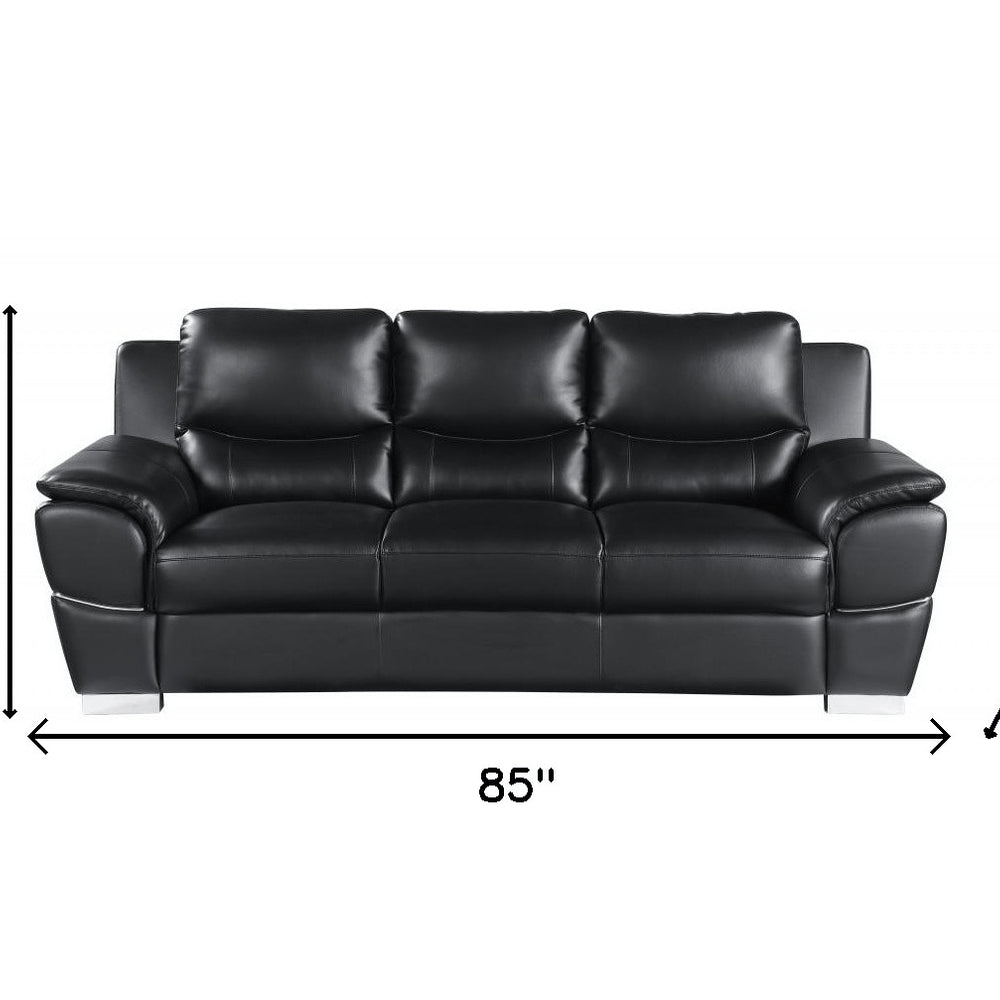 Black Leather Sofa with Silver Legs - 85-inch