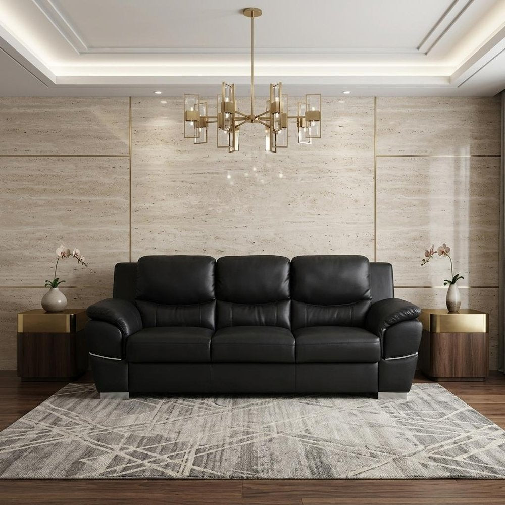 Black Leather Sofa with Silver Legs - 85-inch