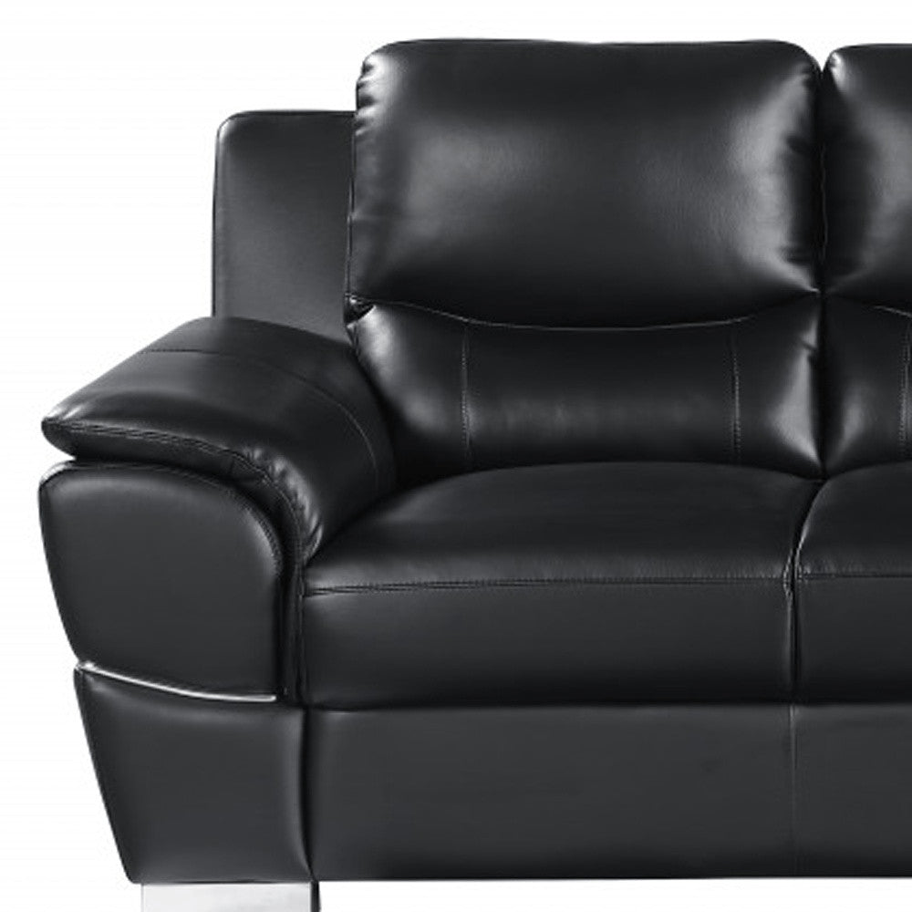 Black Leather Sofa with Silver Legs - 85-inch