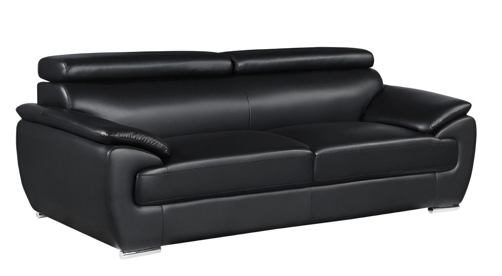 Black Leather Sofa with Silver Legs - 86-inch