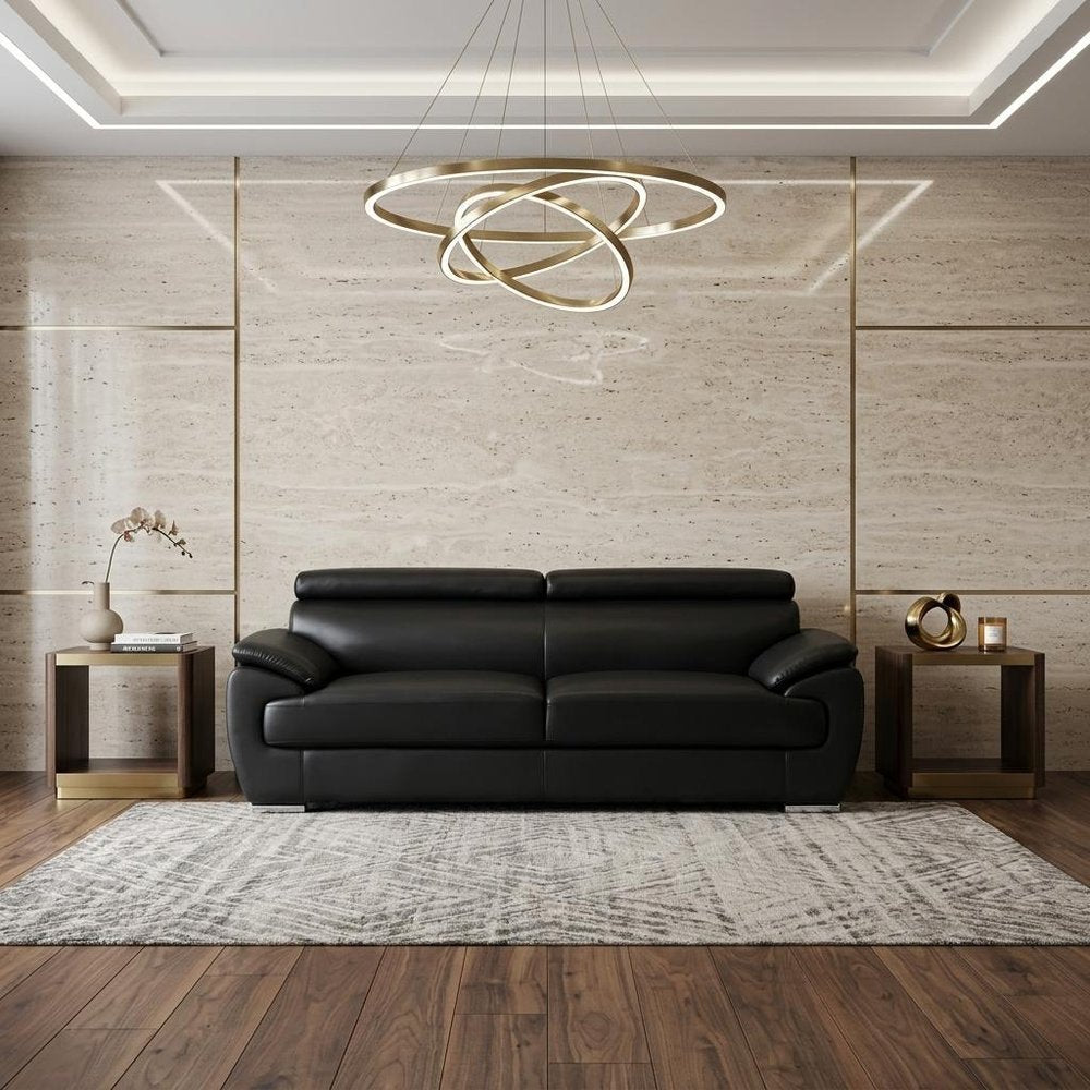 Black Leather Sofa with Silver Legs - 86-inch