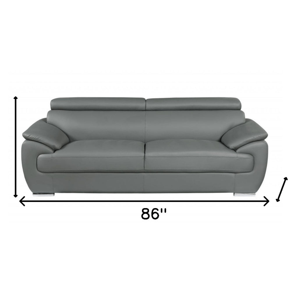 Gray Leather Sofa with Silver Legs - 86-inch