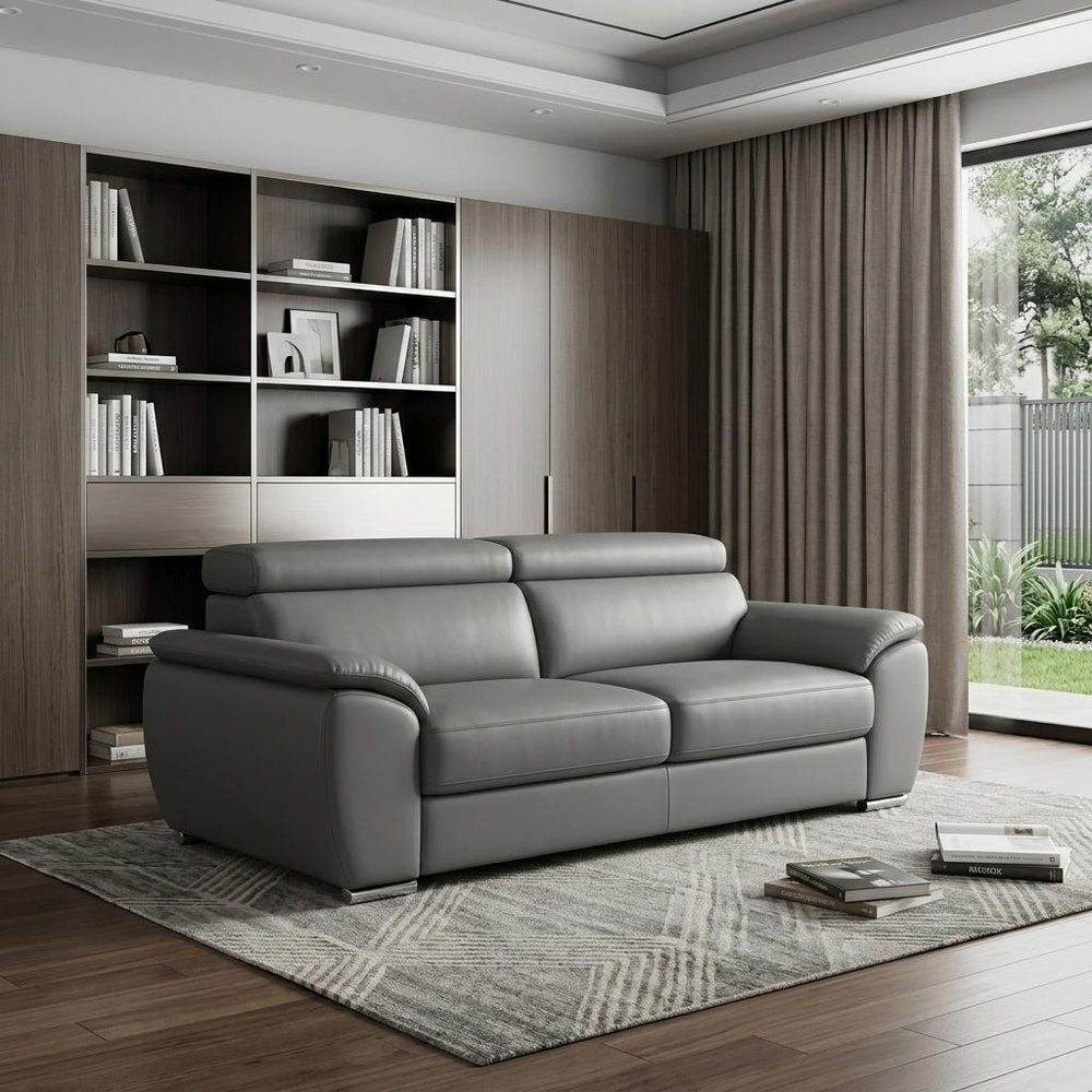 Gray Leather Sofa with Silver Legs - 86-inch