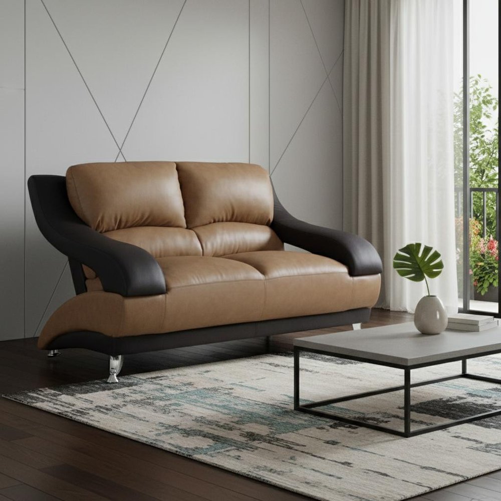 Brown and Black and Silver Faux Leather Loveseat - 62-inch