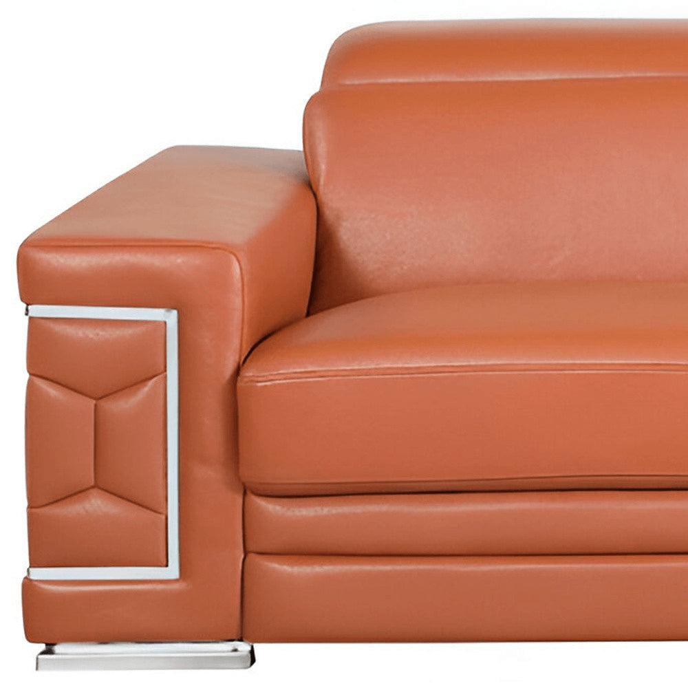 Camel Italian Leather Sofa with Silver Legs - 89-inch
