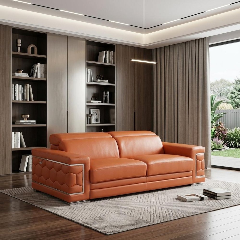 Camel Italian Leather Sofa with Silver Legs - 89-inch