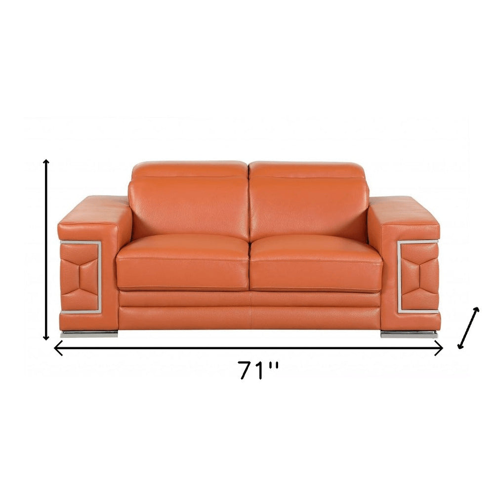 Camel and Silver Genuine Leather Love Seat - 71-inch