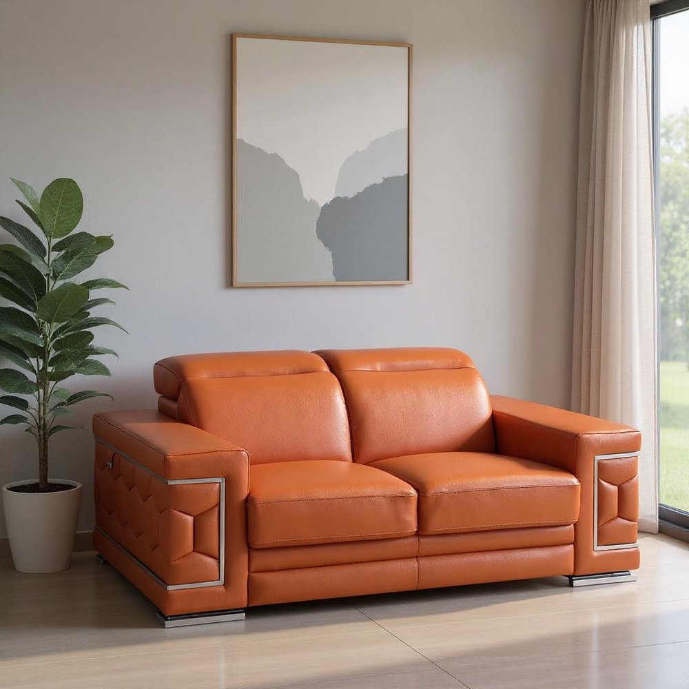 Camel and Silver Genuine Leather Love Seat - 71-inch