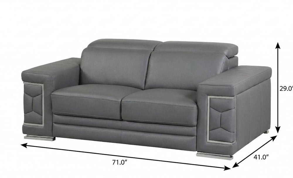 Gray and Silver Genuine Leather Love Seat - 71-inch