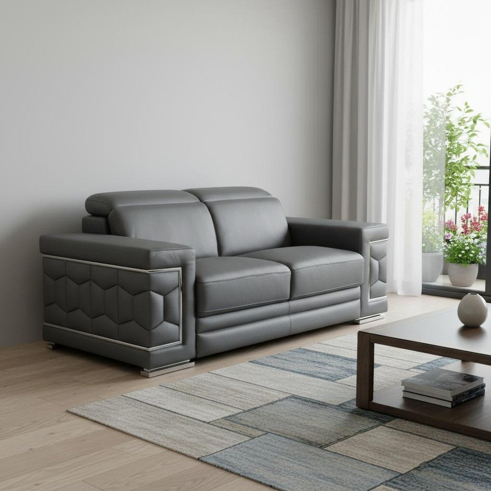Gray and Silver Genuine Leather Love Seat - 71-inch