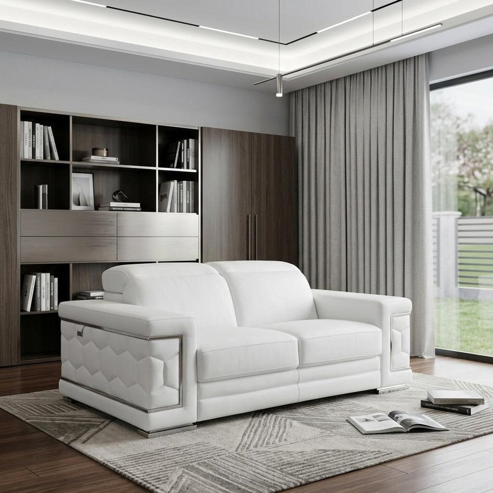 White Italian Leather Sofa with Silver Legs - 71-inch