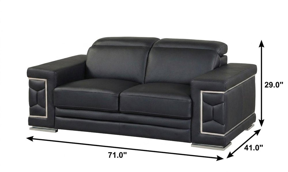 Black and Silver Genuine Leather Love Seat - 71-inch