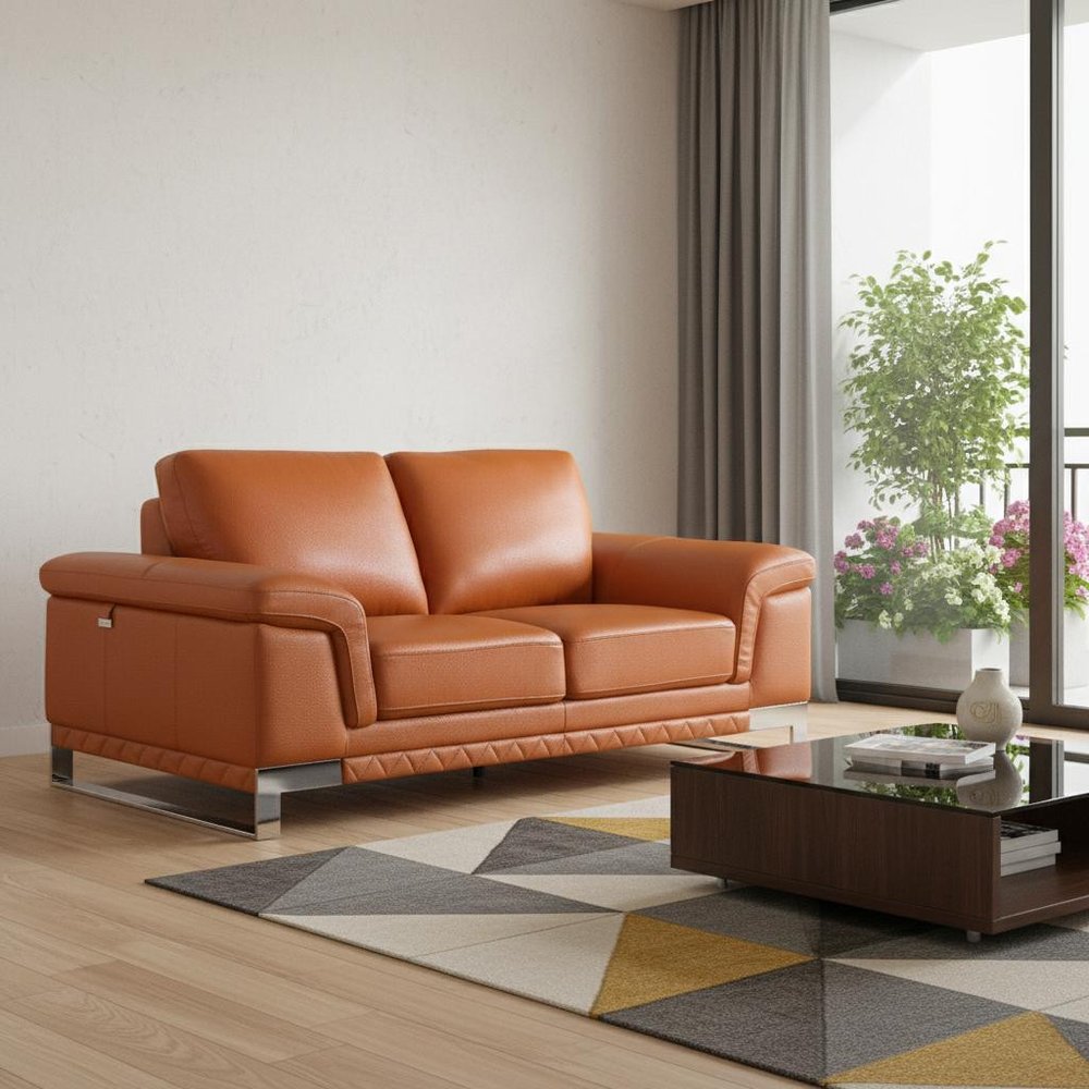 Camel and Silver Genuine Leather Loveseat - 73-inch