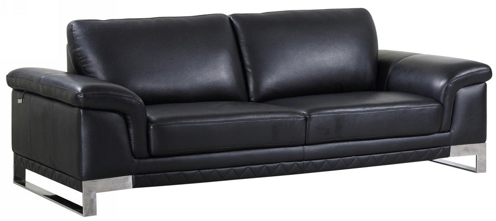 Black Italian Leather Sofa with Silver Legs - 90-inch