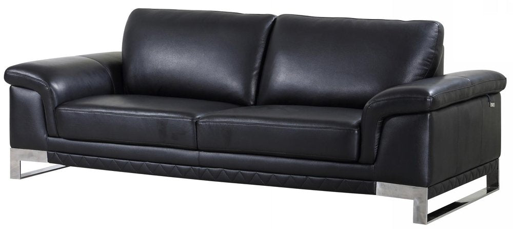 Black Italian Leather Sofa with Silver Legs - 90-inch