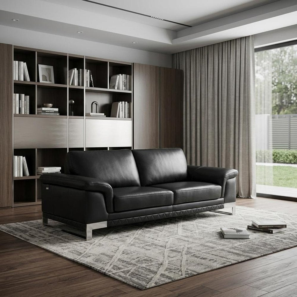 Black Italian Leather Sofa with Silver Legs - 90-inch