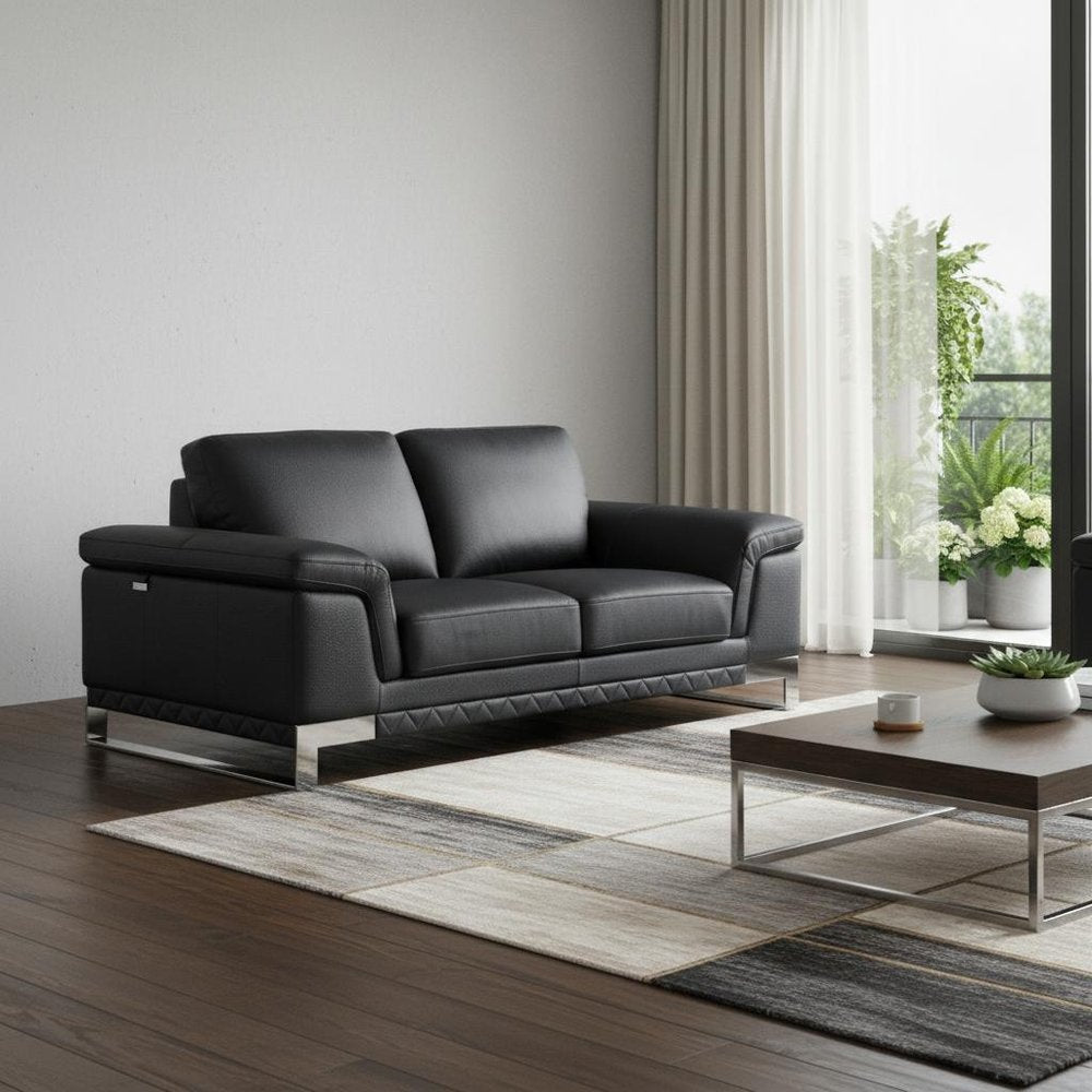 Black and Silver Genuine Leather Love Seat - 73-inch