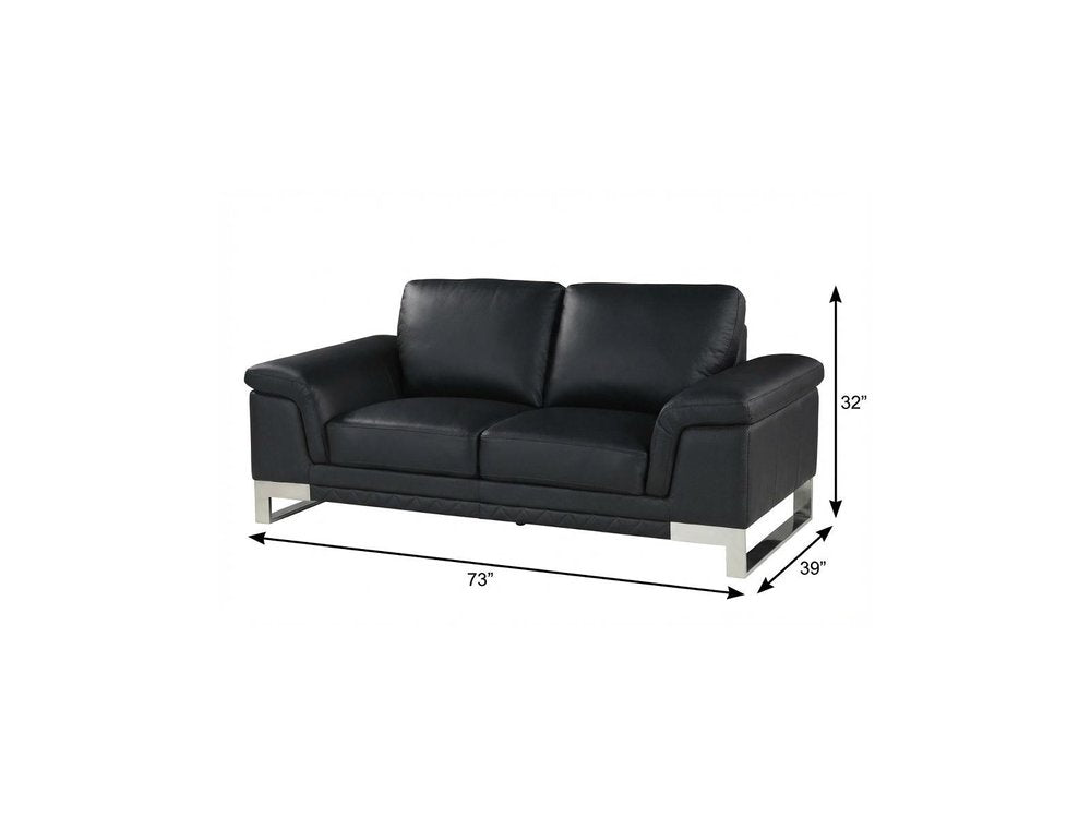 Black and Silver Genuine Leather Love Seat - 73-inch