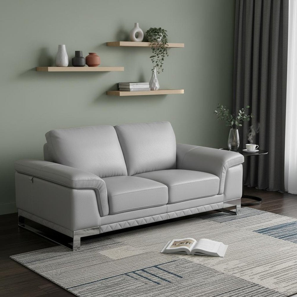 Light Gray and Silver Genuine Leather Loveseat - 73-inch