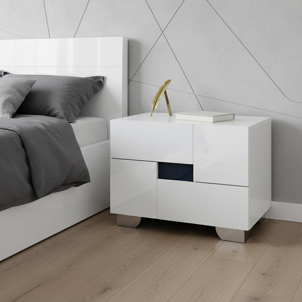 White Solid and Manufactured Wood and Mirrored Glass Two Drawer Nightstand