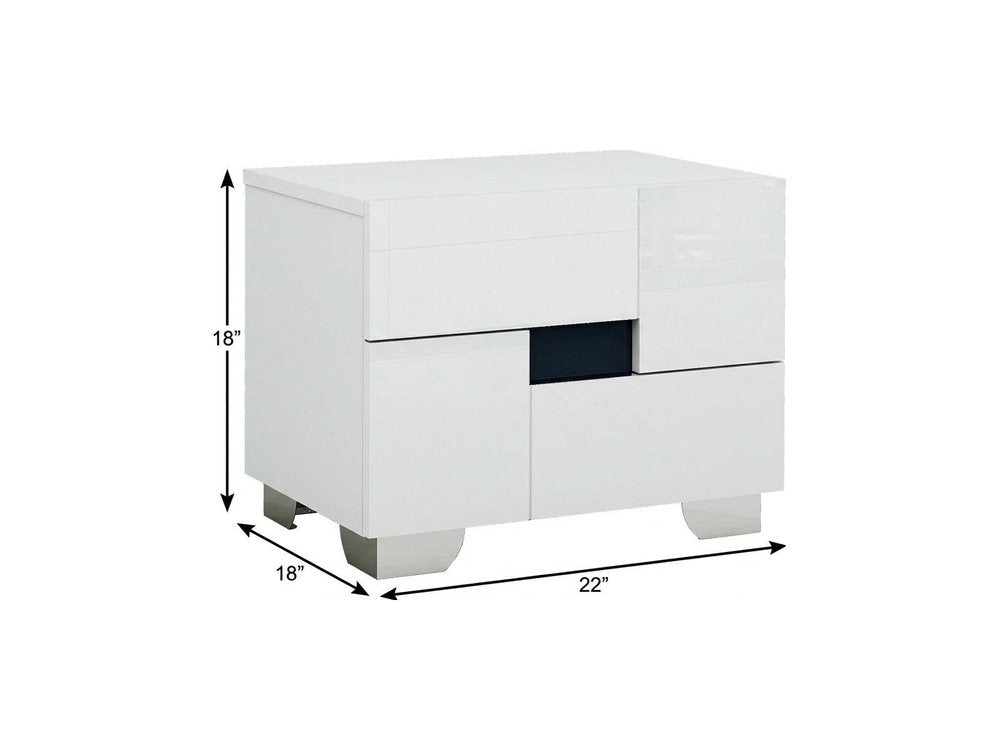 White Solid and Manufactured Wood and Mirrored Glass Two Drawer Nightstand
