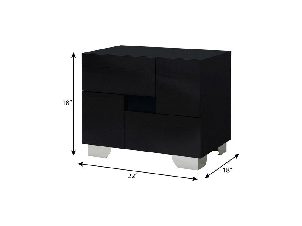 Black Wood and Mirrored Glass Two Drawer Nightstand - 18-inch