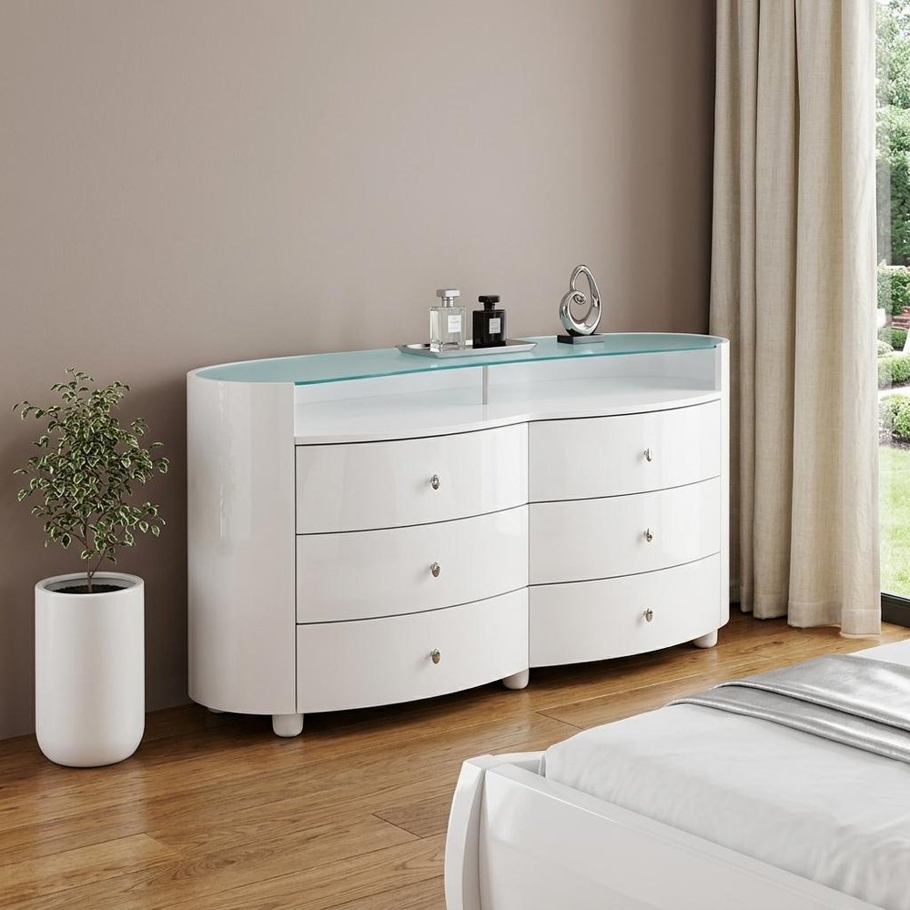White Wood Six Drawer Double Dresser - 63-inch