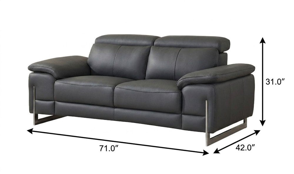 Dark Gray and Silver Genuine Leather Loveseat - 71-inch