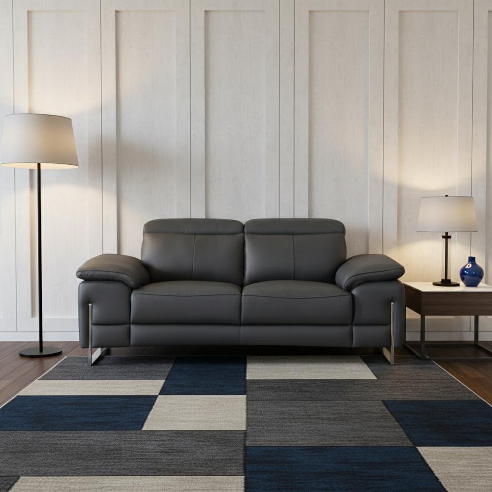Dark Gray and Silver Genuine Leather Loveseat - 71-inch