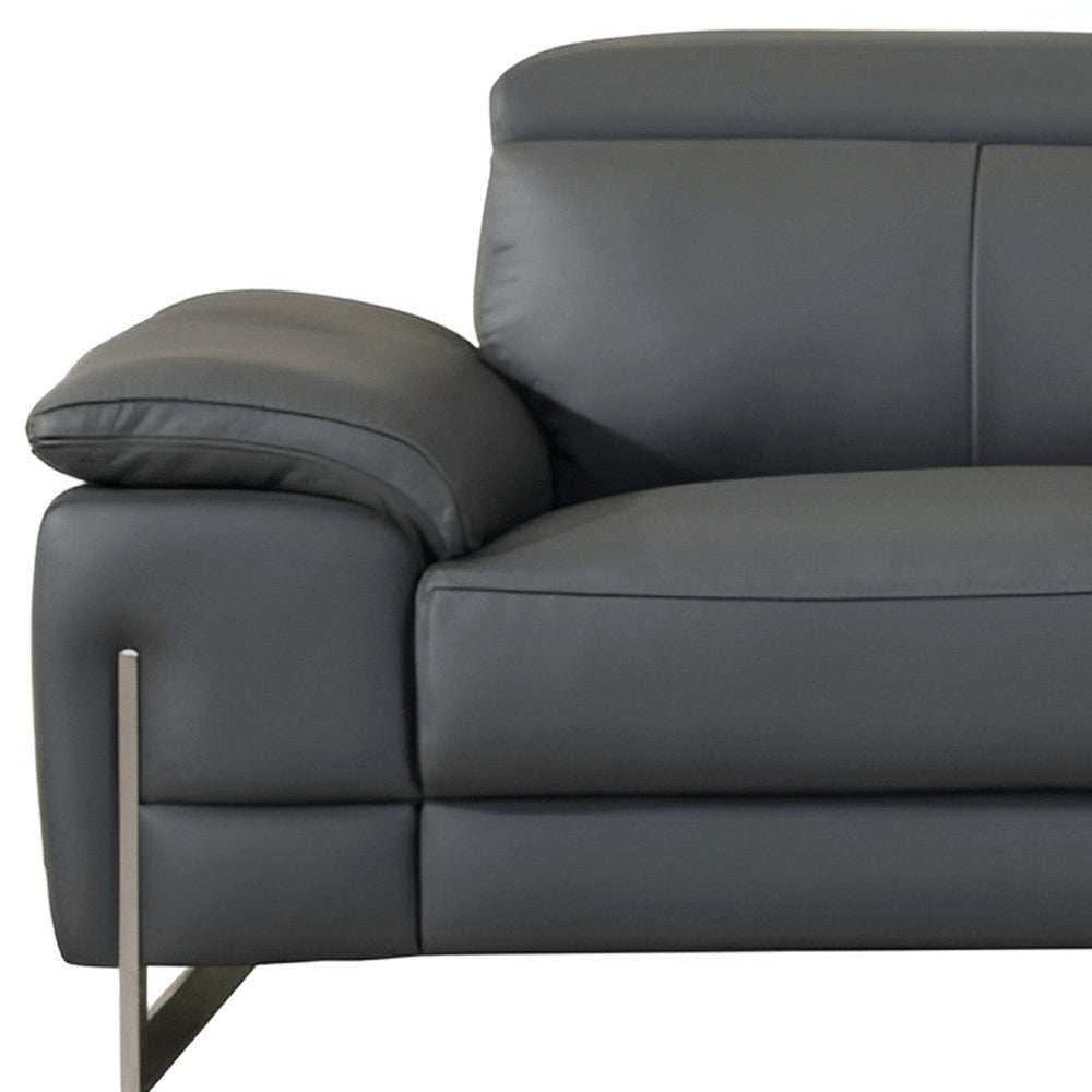Dark Gray Italian Leather Sofa with Silver Legs - 87-inch