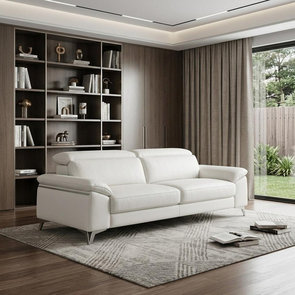 White Italian Leather Sofa with Silver Legs - 87-inch
