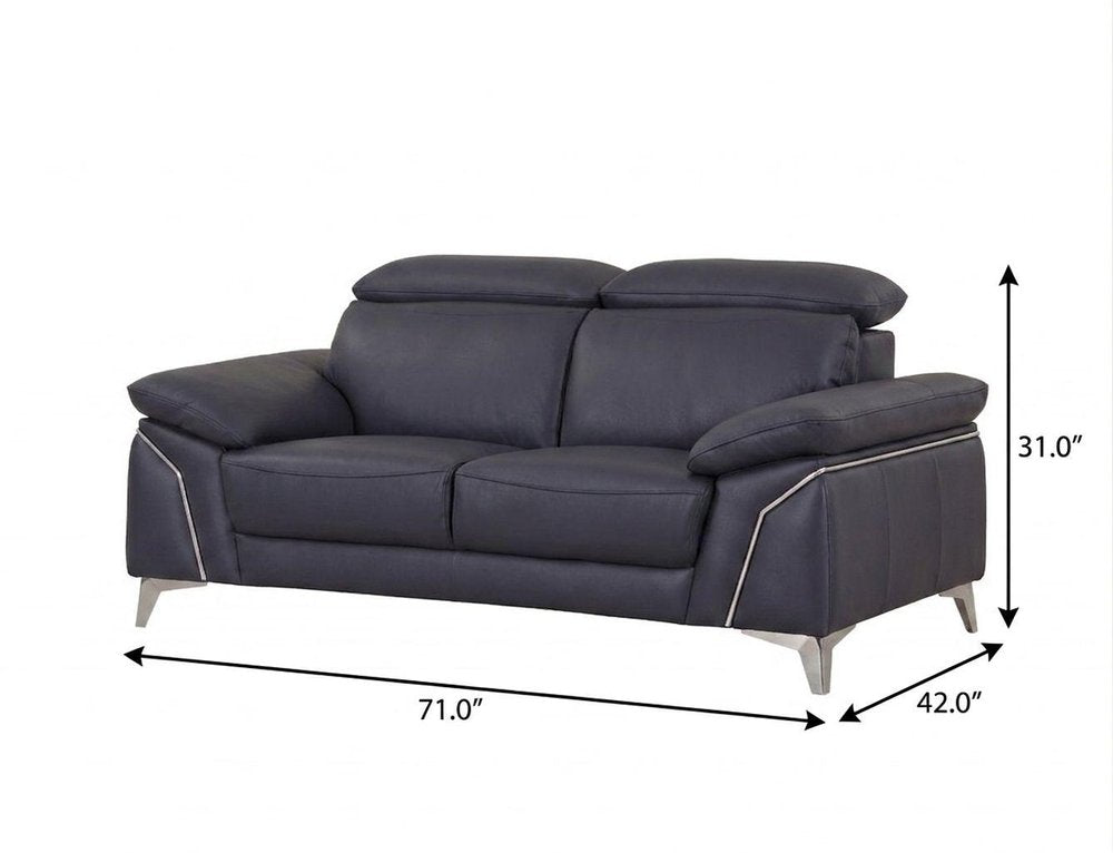 Navy Blue and Silver Genuine Leather Loveseat - 71-inch