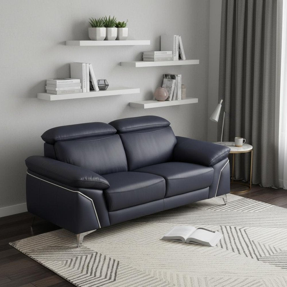 Navy Blue and Silver Genuine Leather Loveseat - 71-inch