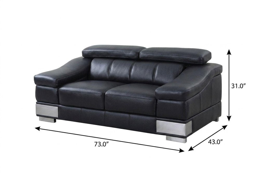 Black and Silver Genuine Leather Love Seat - 73-inch