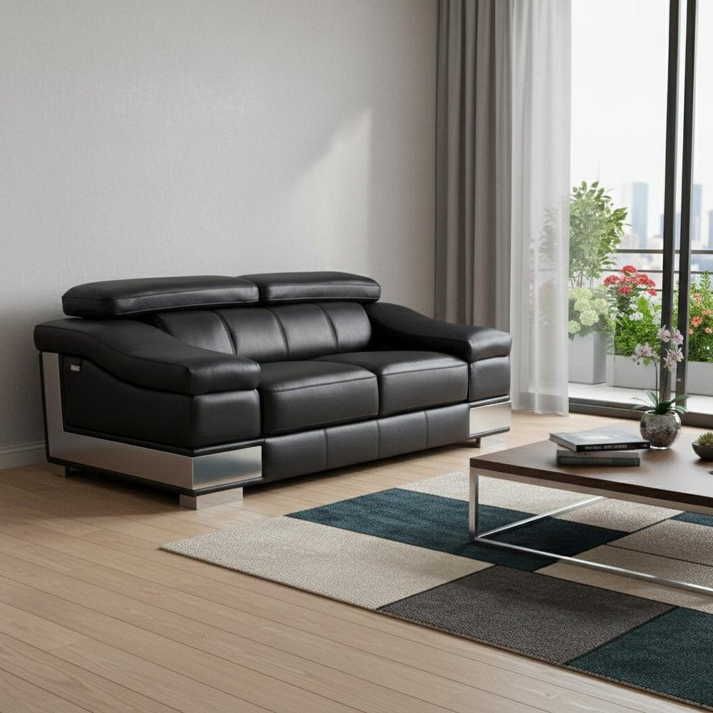 Black and Silver Genuine Leather Love Seat - 73-inch