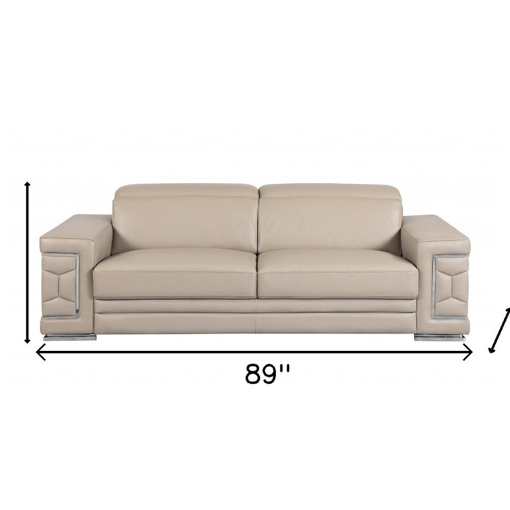 Camel Italian Leather Sofa with Silver Legs - 89-inch