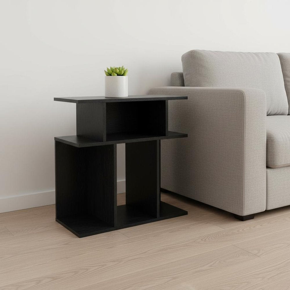 Gray and Black Wood Floor Shelf End Table with 6 - 24-inch