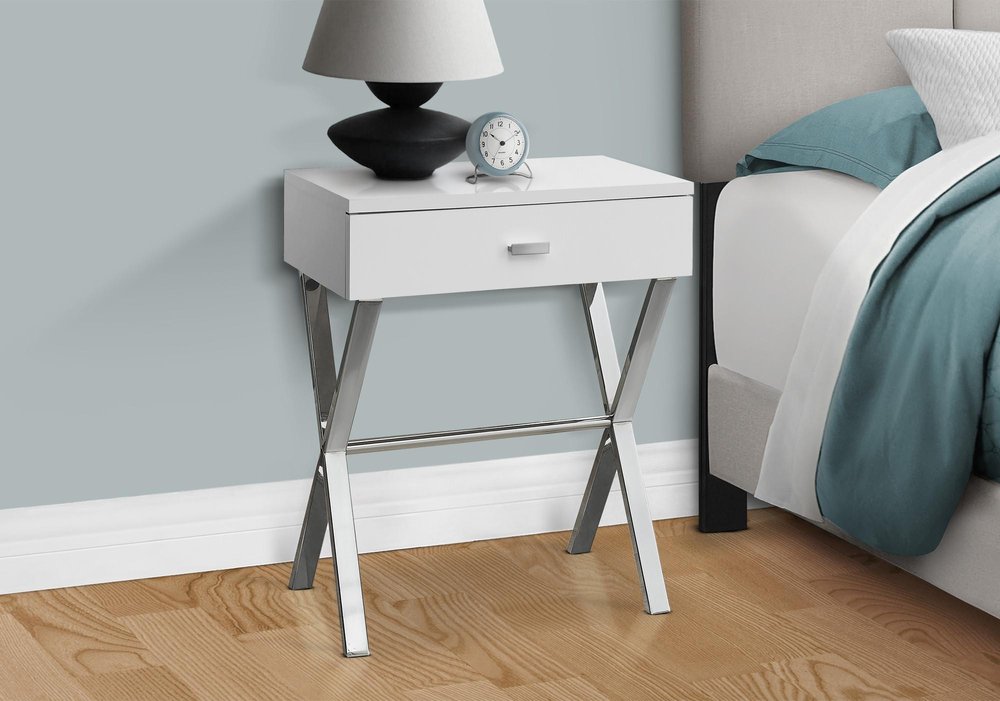Silver and White Wood and Metal End Table with Drawer - 22-inch