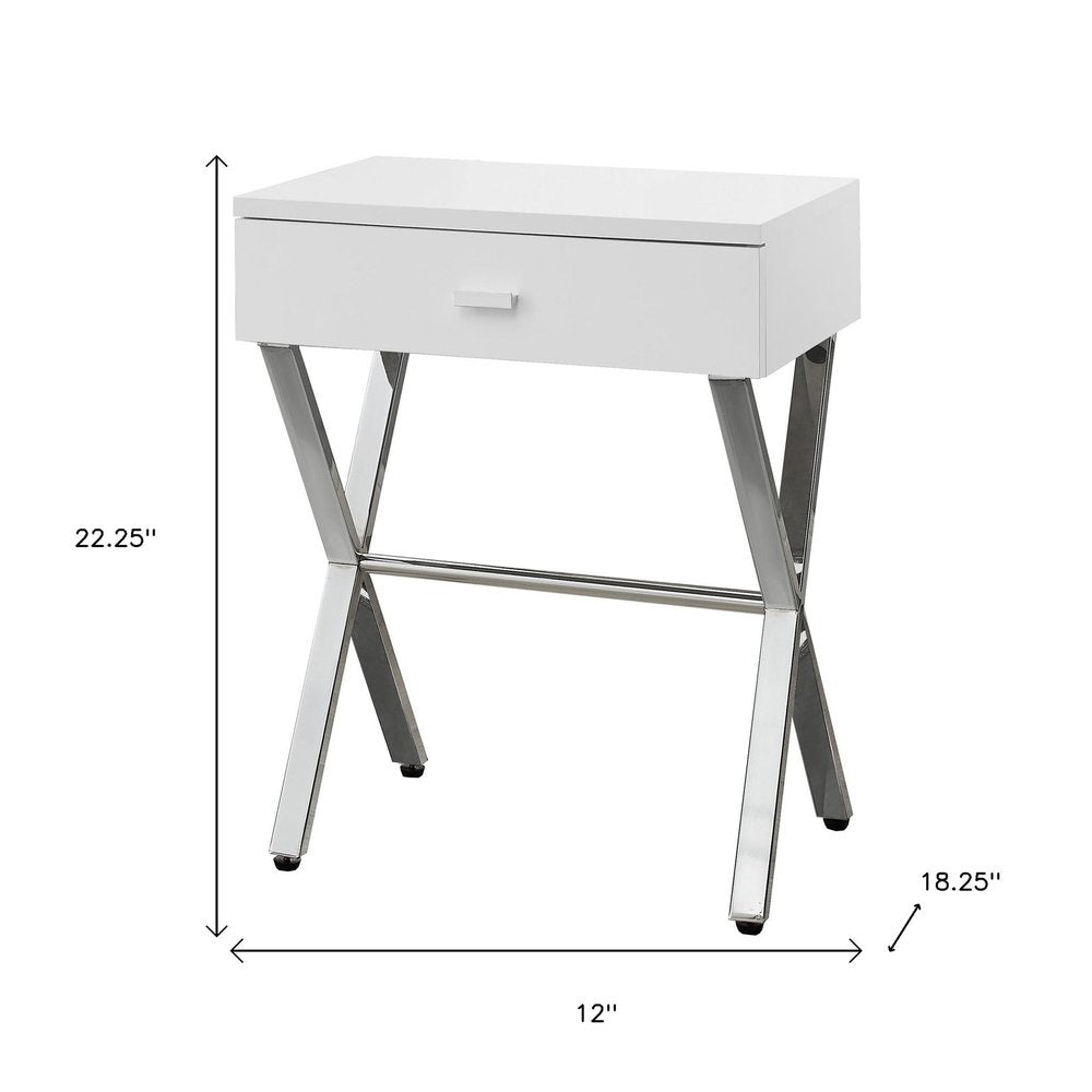 Silver and White Wood and Metal End Table with Drawer - 22-inch