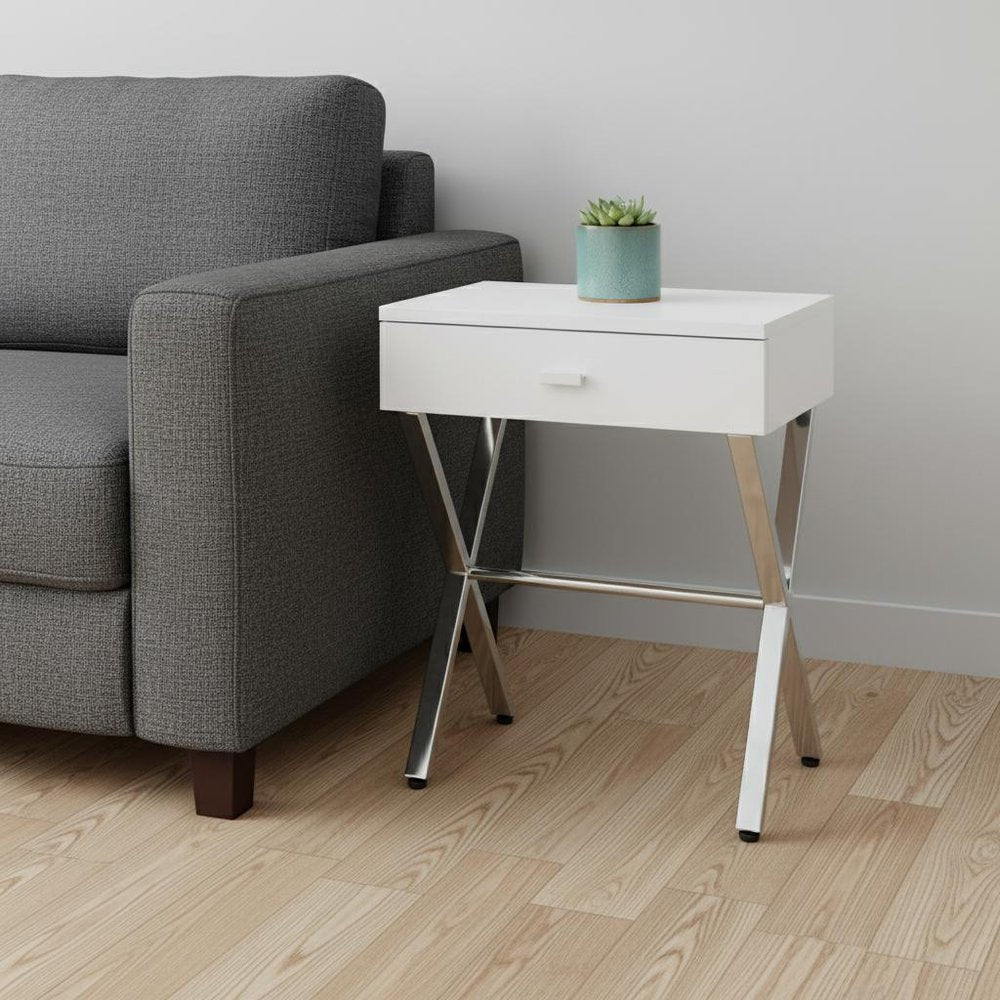 Silver and White Wood and Metal End Table with Drawer - 22-inch