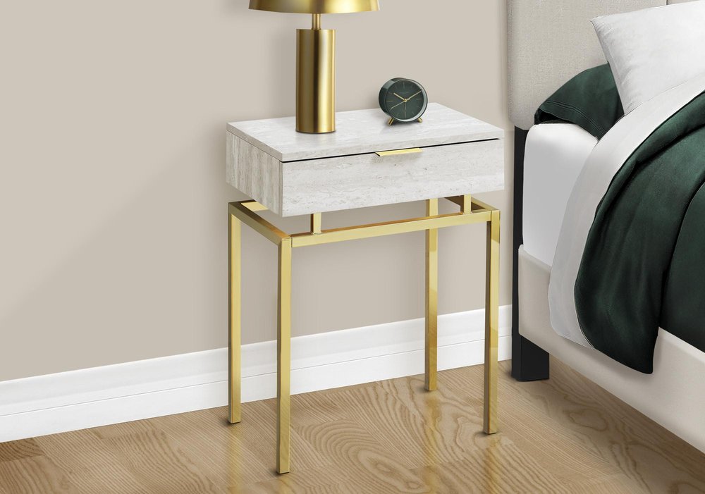 Gold and Beige Wood and Metal End Table with Drawer - 23-inch
