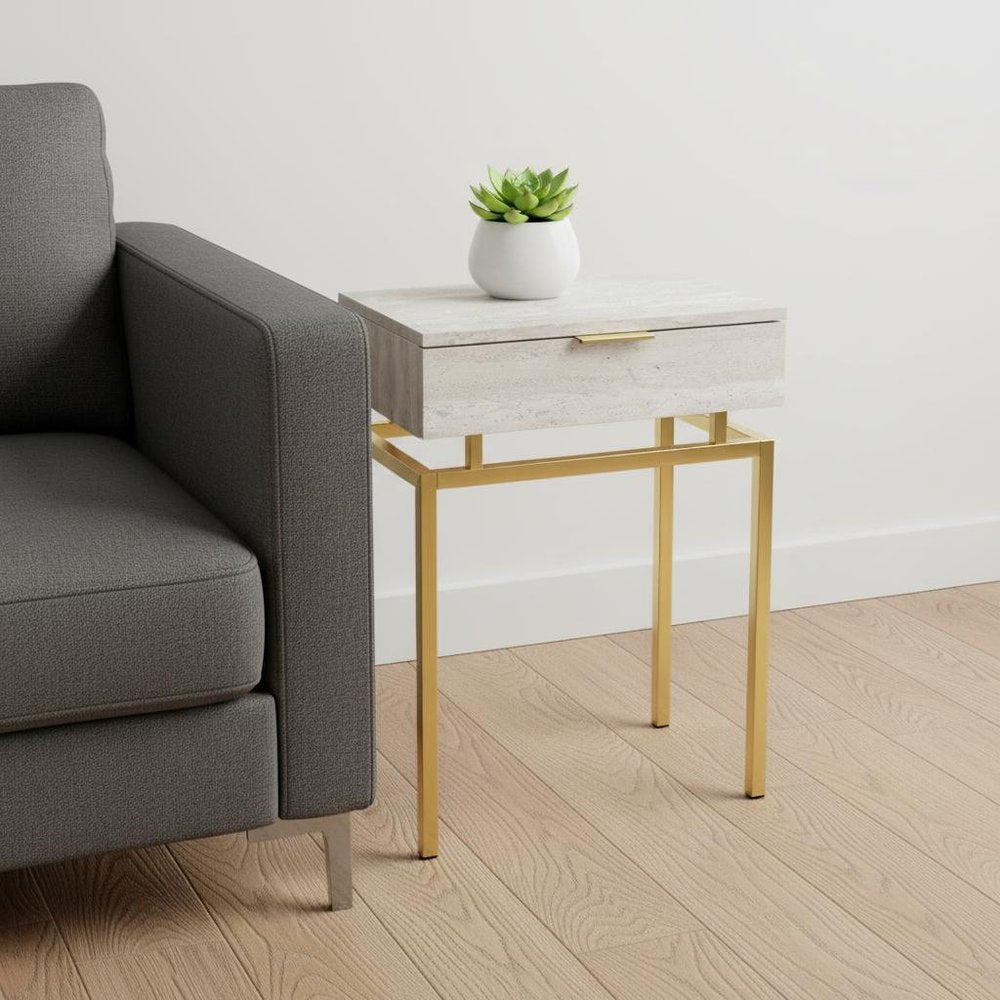 Gold and Beige Wood and Metal End Table with Drawer - 23-inch