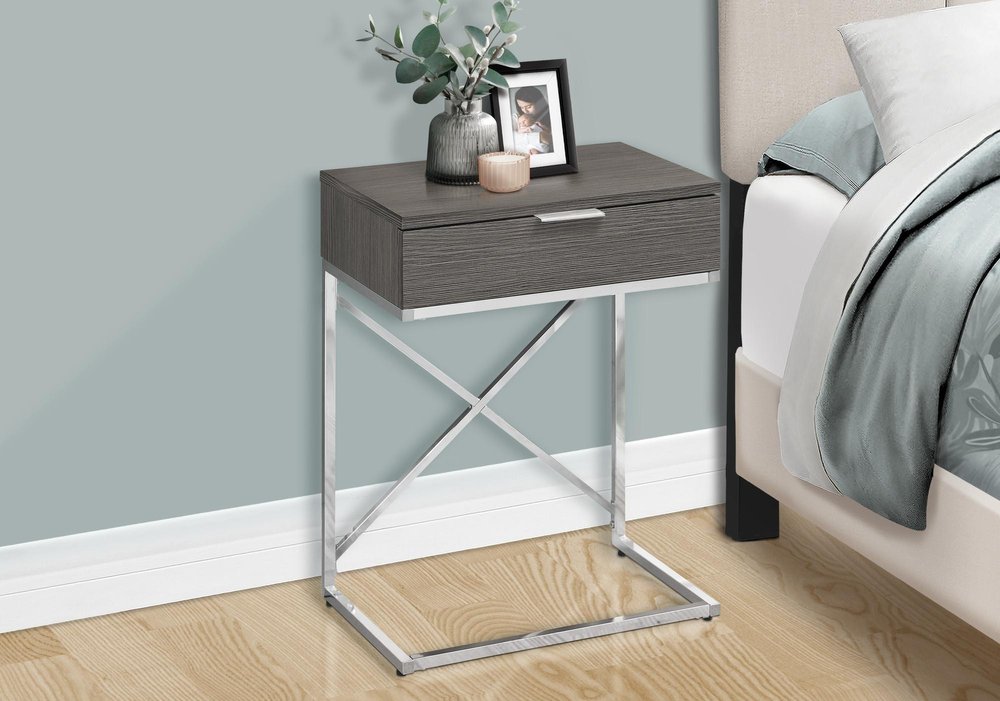 Silver and Gray Wood and Metal End Table with Drawer - 24-inch