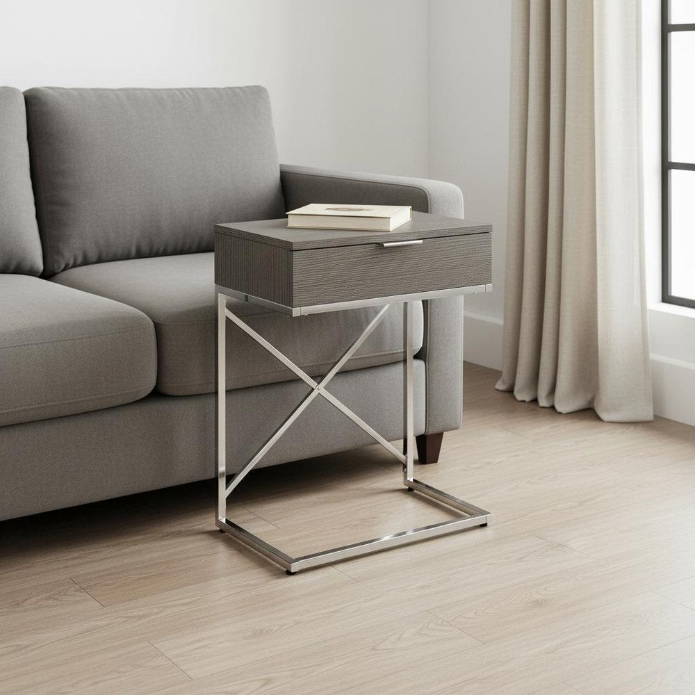 Silver and Gray Wood and Metal End Table with Drawer - 24-inch