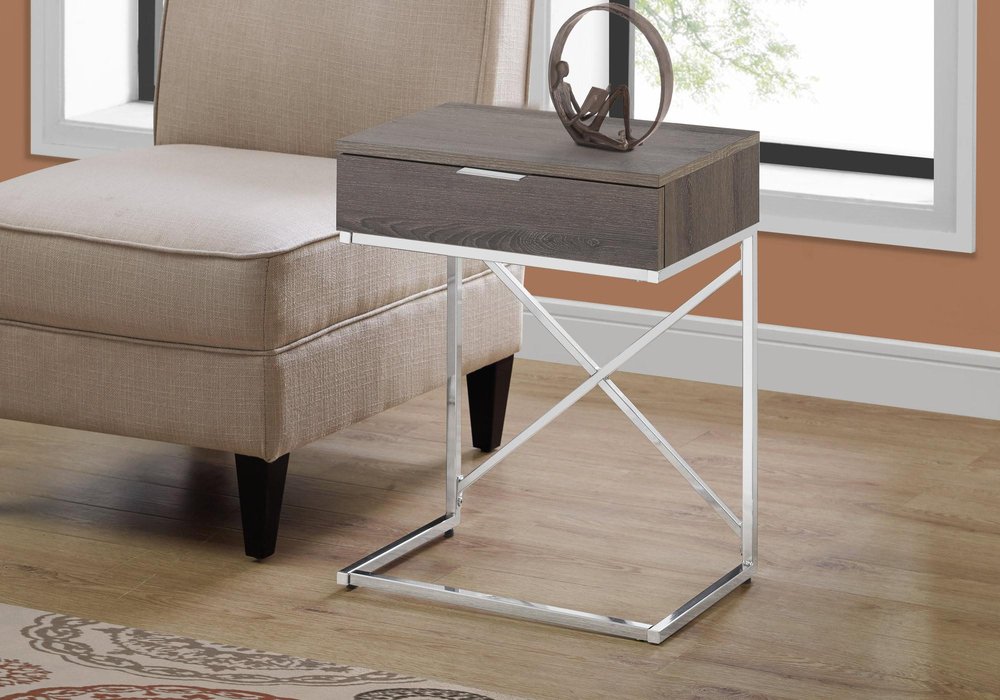 Silver and Gray Wood and Metal End Table with Drawer - 24-inch
