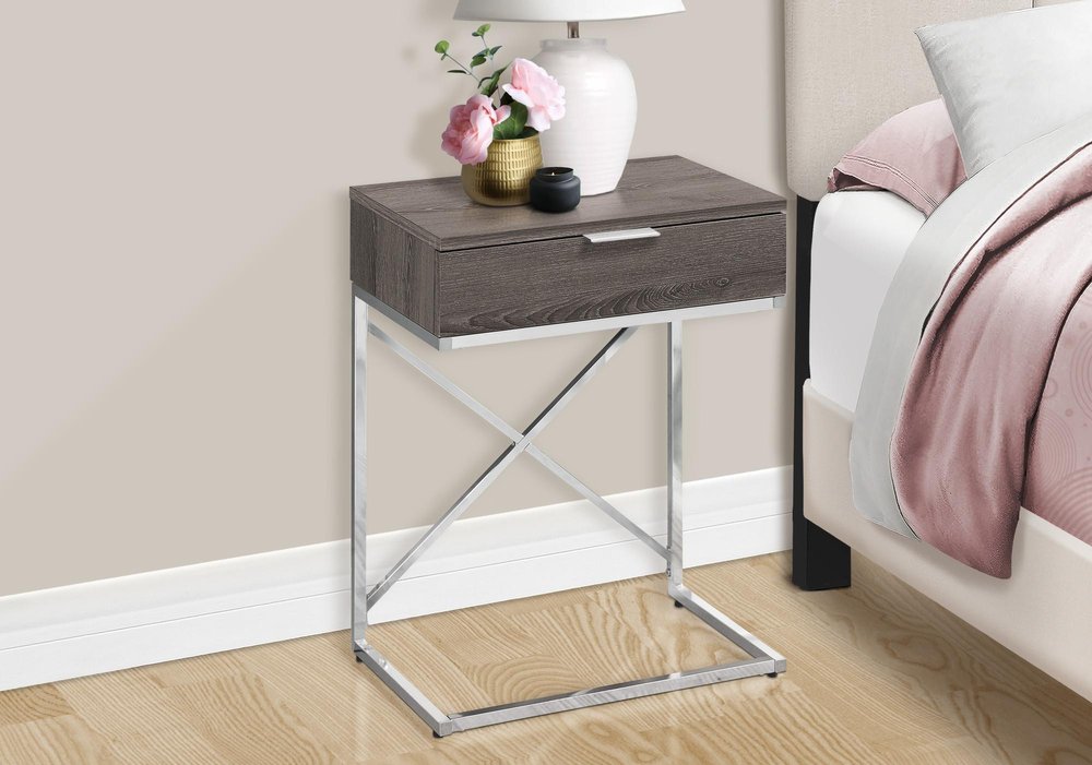Silver and Gray Wood and Metal End Table with Drawer - 24-inch