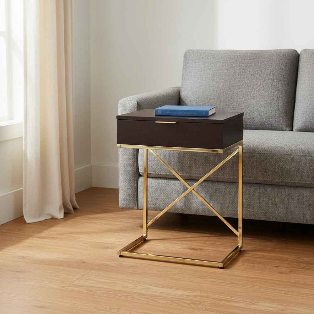 Gold and Black Wood and Metal End Table with Drawer - 24-inch