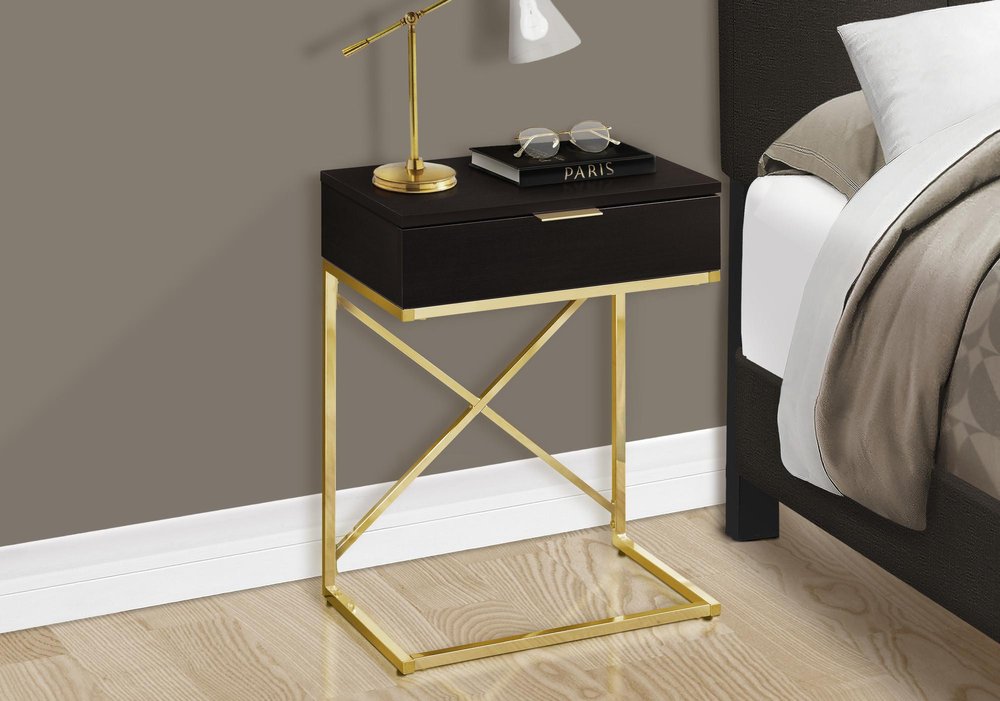 Gold and Black Wood and Metal End Table with Drawer - 24-inch